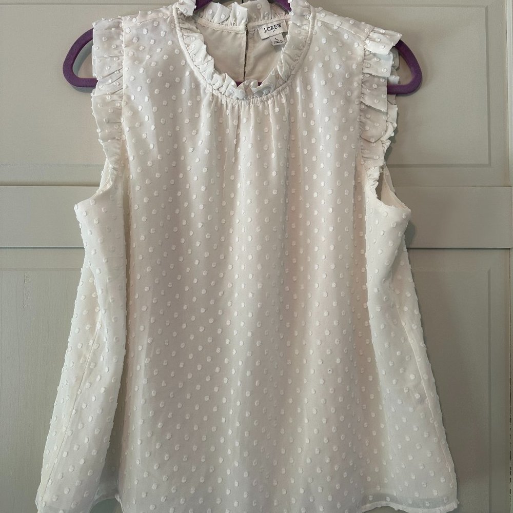 JCrew Ivory Sleeveless ruffleneck top with clip dots
